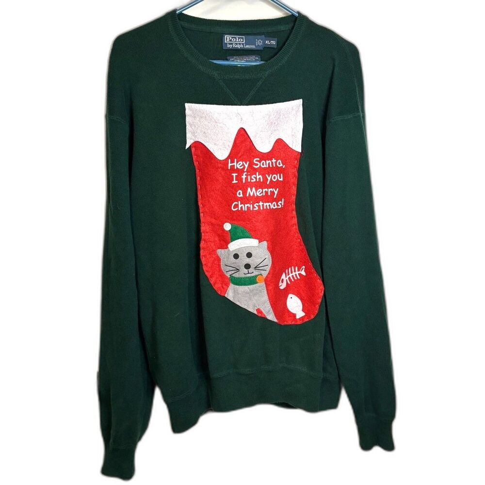 Vintage Polo Ralph Lauren Christmas Sweater Men’s XL Green Custom Cat Holiday